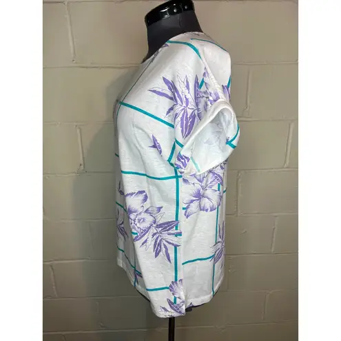 tshirt floral plaid white purple teal roller sleeve 1980s Size XL