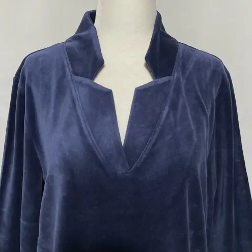 Denim & Co New Velour Notch Neck Long Sleeve Top Navy Blue Size Medium