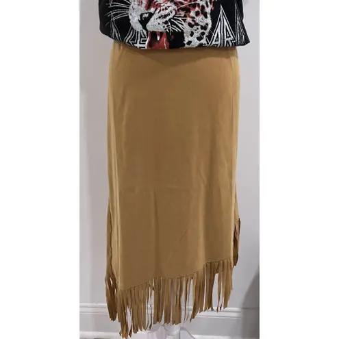 Denim & Co Vintage . Tan Suede Midi Fringe Skirt