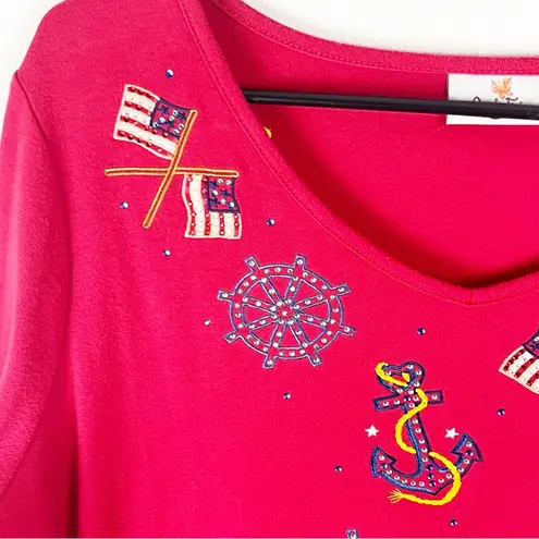 Quacker Factory Red Long Sleeves Embellished Beaded Patriotic Top, Size Large
