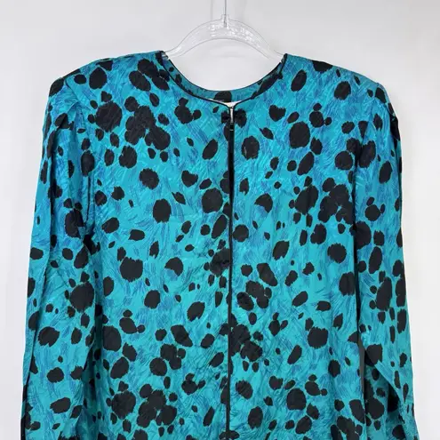 Vintage Flora Kung II New York Silk Shirt Womens 4 Teal Blue Abstract Print