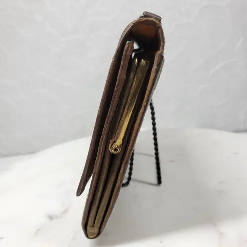 Antique Tooled Leather Clutch Handbag Brown Gold Taffeta Kiss Lock Handle Purse