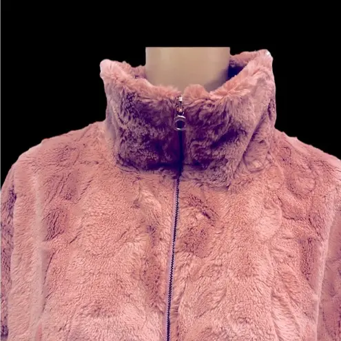 cupio  Faux Fur Fuzzy Animal Print Textured Blush Full Zip Satin Lined Jacket XL