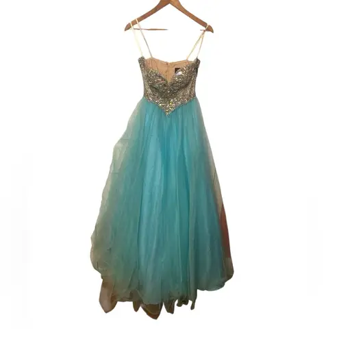 Terani Couture Glamour Sequin Tulle Ballgown - Aqua Blue Princess Prom Dress 4