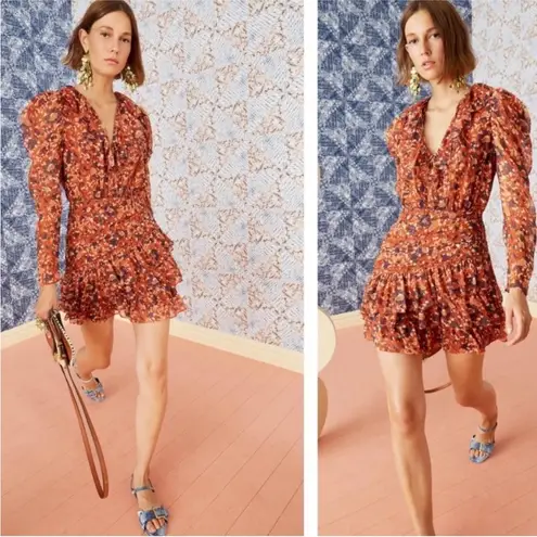 Ulla Johnson Cecily Mini Dress Poppy Rust Orange Size 2 XS Metallic Ruffle Silk