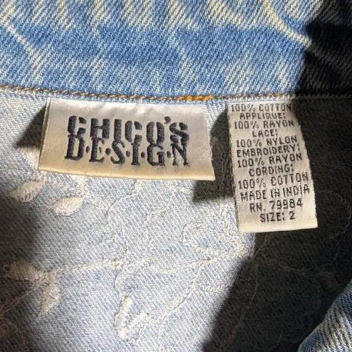 Vtg 1990s Chico's Rose Floral Applique Light Wash Fringe Denim Jacket 2 L Blue Size L