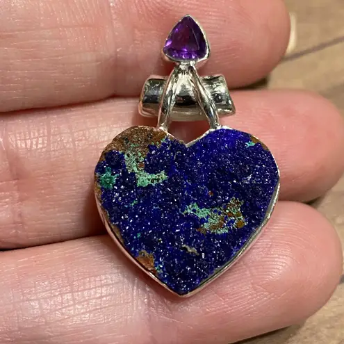 Amethyst Azurite In Malachite Druzy & Solid Sterling Silver Heart Pendant