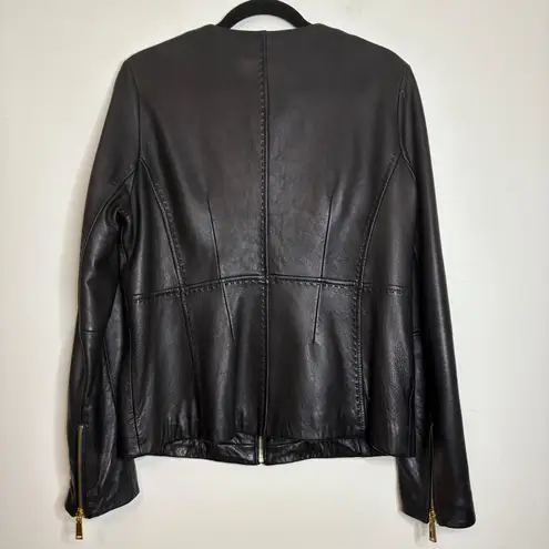 T Tahari Black Leather Collarless Zip Front Jacket Women's Size L