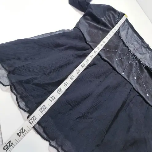 Lapis Sheer Silk Blend Velvet Rhinestones Embellished Ruffle Blouse Size M