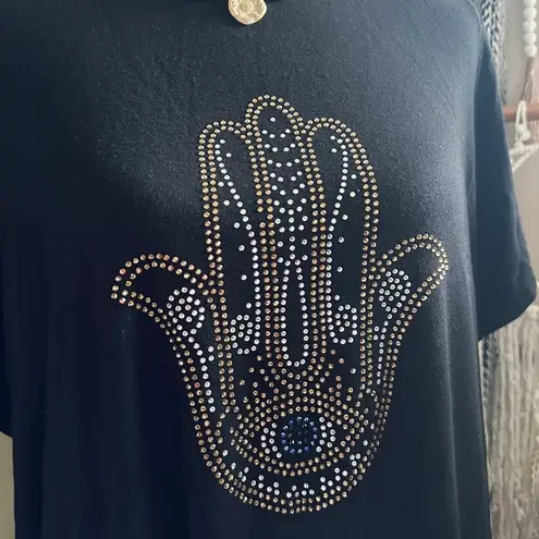 BRIT.NY Black Hamsa Evil Eye Boho Rhinestone Embellished T Shirt Black Size 1X