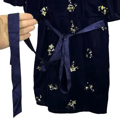 ASOS  Mini Wrap Velvet Dress Blue US 6 Floral 3D Embellishments Baby Doll Dainty