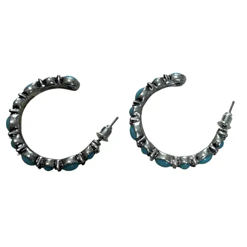 Earrings Set of 3 Pair Turquoise Silver Western Style Hoop Dangle Set New Silver