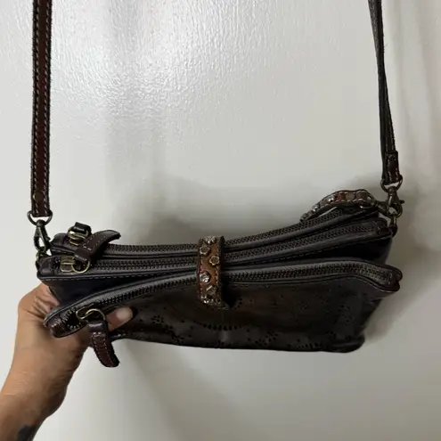 AU79 small leather crossbody bag, distressed color, soft, studded, Laser cut Brown