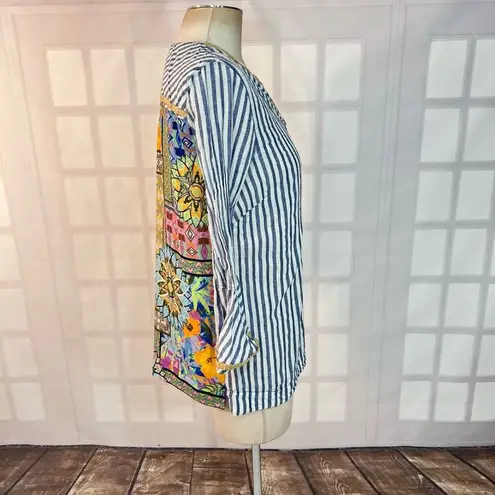 John Mark blue white stripe bell sleeve colorful print back blouse size small