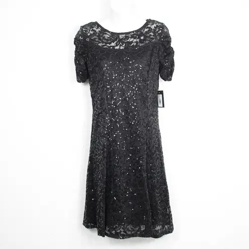 Marina Ruched Sleeves Lace Sequins Dress Size S V Neck Short Sleeve Black