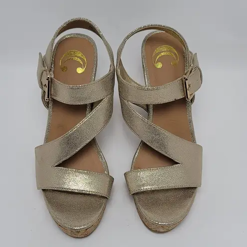 Womens Metallic Gold Glossy Open Toe Buckle Slingback Wedge Heel Sandals Size 8M