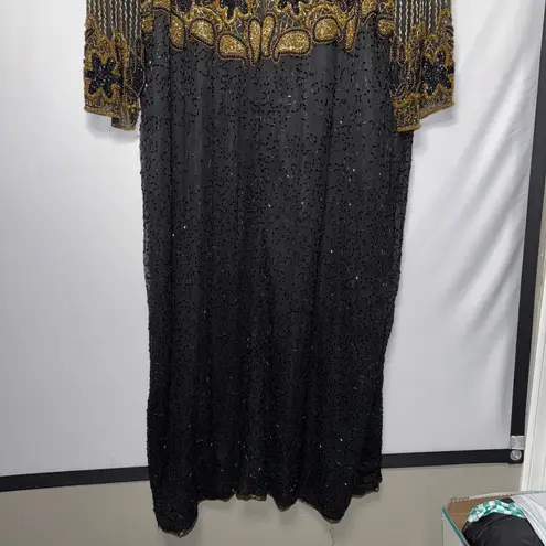 Vintage Beaded Long Sleeve Silk Dress Hand Embellished Black Gold Plus Size 8x