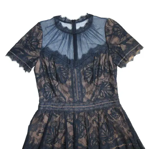 Tadashi Shoji NWT Camilla in Navy Nude Lined Sheer Illusion Lace Midi Dress 12