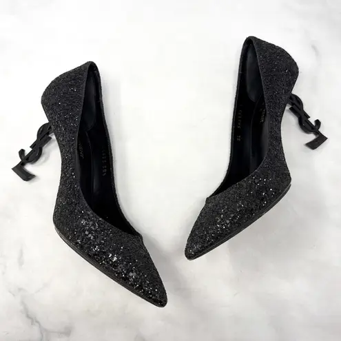Saint Laurent Opyum Glitter 85 YSL Stiletto Pointed Toe Pumps Heels Black 38.5