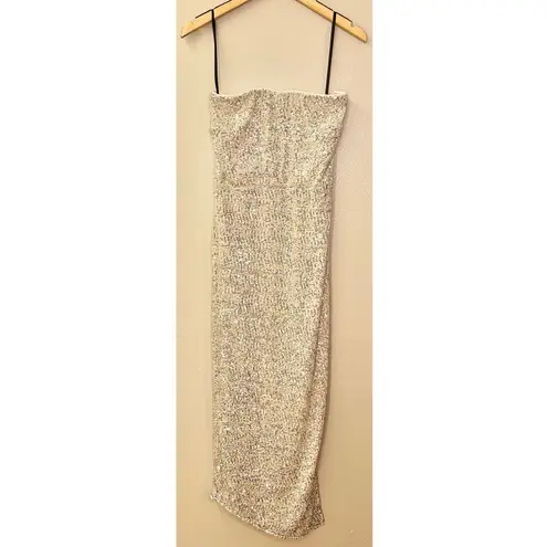 NWT House of Harlow 1960 x Revolve Sage Midi Dress Sequin Strapless Sheath Dress Silver Size M