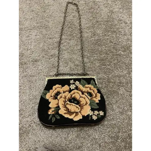Vintage Tapestry Floral Needlepoint Handbag Convertible Chain Strap Black