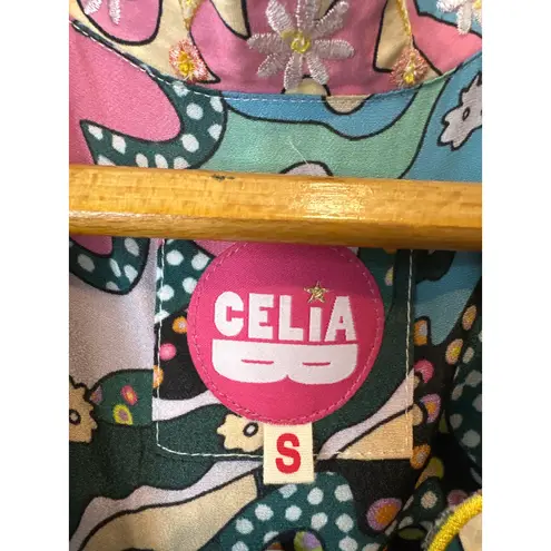 CeliaB Hortensia Floral Puff Sleeve Mini Dress Small Colorful Spring Summer Green