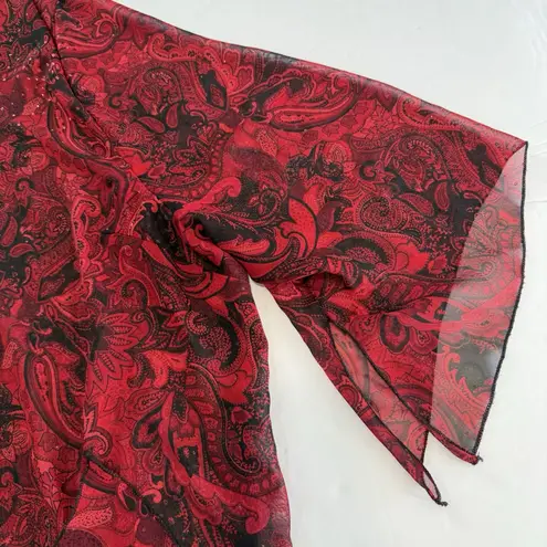 Maggie Barnes Red Black Paisley Glitter Sheer 3/4 Sleeve Button Blouse Size 5X