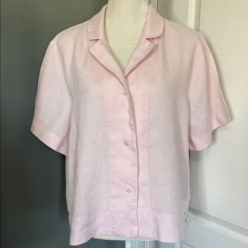 Quince Women’s Linen Short Sleeve Button Front Shirt Blouse Pink XL