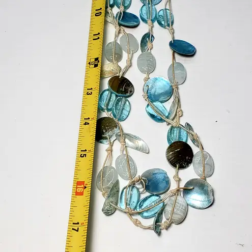 Blue Glass Bead Shell Multi Strand Necklace Extra Long 32" Beachy