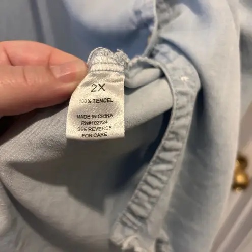 Hester & Orchard Tencel Chambray Button Up Asymmetrical Raw Hem Shirt Sz 2X Blue