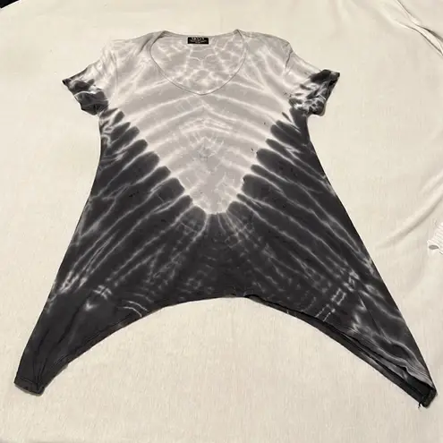 Tryst sz L super soft grey & black short sleeve tie dye shark bit hem tunic EUC