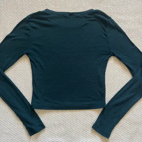 Forever 21 Blue-Green Long Sleeve Cropped Ribbed Basic Crewneck Tee Shirt Sz Xs