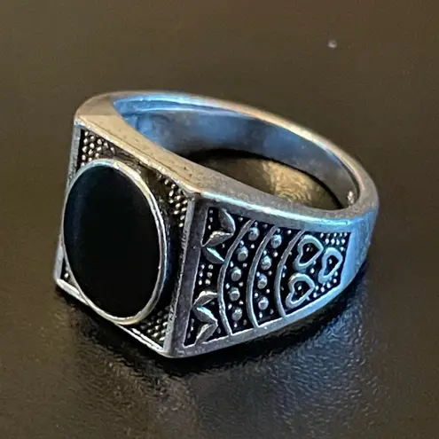 Vintage black obsidian gemstone S925 silver ring size 8