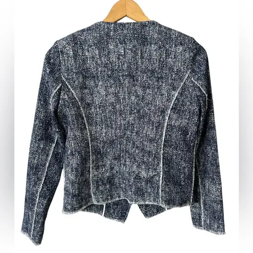 Ecru Women’s Blue Printed Fringe Trim Tweed Jacket Asymmetrical Zip Blazer Small