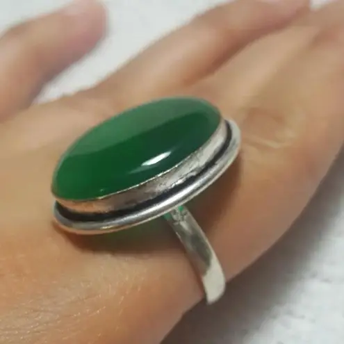 Natural Green Onyx 925 Silver Gemstone Ring Size 7.5