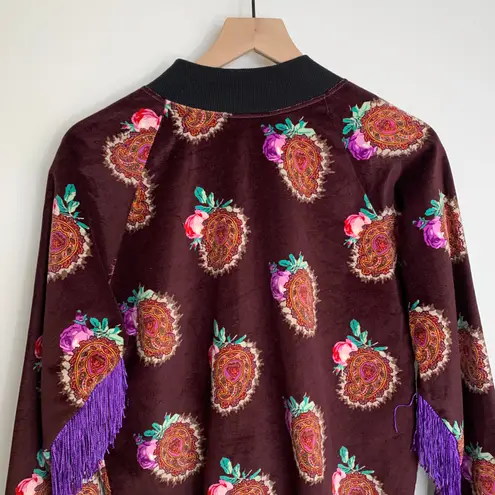 Moon & Nomad Mixed Emotions Velvet Bomber Jacket Burgundy Purple Fringe Medium