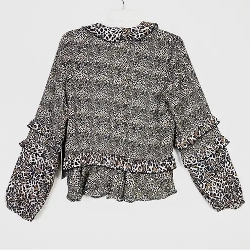 Rock & Roll Cowgirl Brown Leopard Print Ruffled Surplice Long Sleeve Blouse