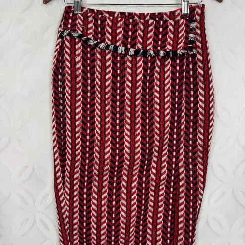 Eva Franco Red Blue White Geometric Print Wool Poly Blend Pencil Skirt With Slit Size 2