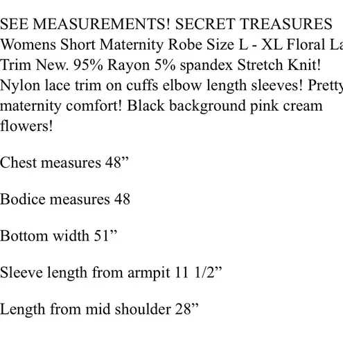 secret treasures Womens Short Maternity Robe Size L - XL Floral Lace Trim New