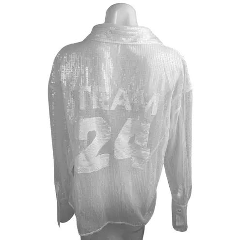 Chosen by KYHA Team 24 White Sequin Pockets Button Down Sheer Blouse Shirt Top L Size L
