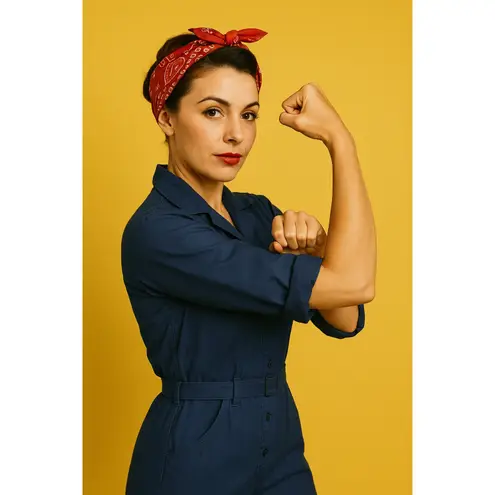 Vintage 70s Foxy Lady Jumpsuit Navy Blue Belted Size 7/8 Rosie the Riveter