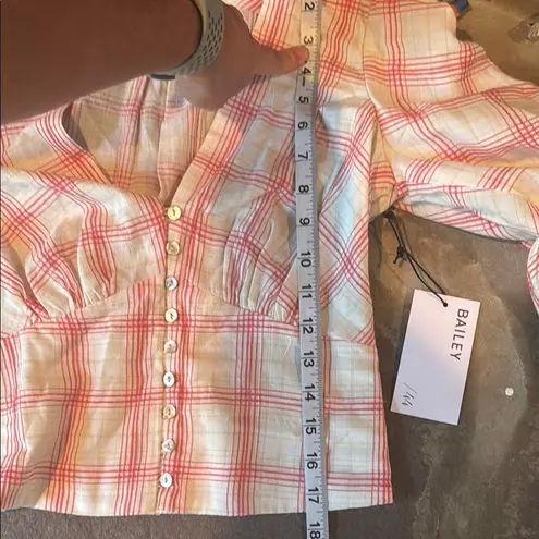 Bailey 44 Abigail Pink and Cream v-neck button front puff sleeve blouse top NWT