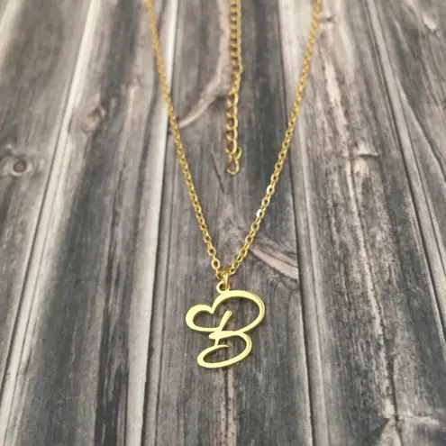 Letter B Cursive Heart Initial Necklace Gold