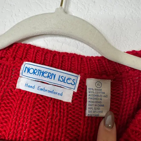 Vintage Northern Isles Red Hand Embroidered Sweater Size XL