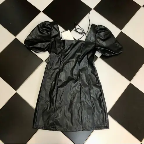 Avantlook NWT Faux Leather Mini Dress Square Neckline Puffy Sleeves Sexy Goth L