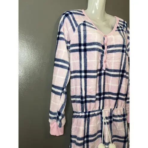 Em & Alfie Sleep Romper Womens Large Pink Blue Plaid Fleece Pajamas Loungewear