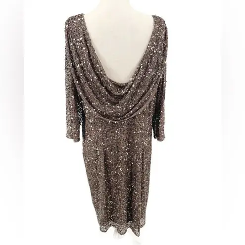 Pisarro Nights Draped Back Sequin Beaded Dress Mocha 20W Tan