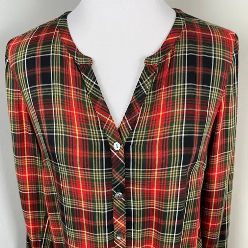 J. Jill Tartan Plaid Button Front Long Sleeve Blouse Small Petite SP Festive Red