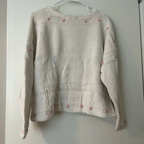 Vintage Floral Chunky Knit Sweater White Size L