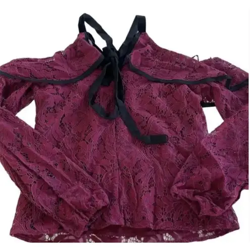 WAYF Lace Blouse Womens Small Burgundy Off Shoulder Sheer Helena Ruffle Tie